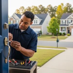 Professional locksmith repairing a residential door lock in Mooresville, NC, showcasing community security services