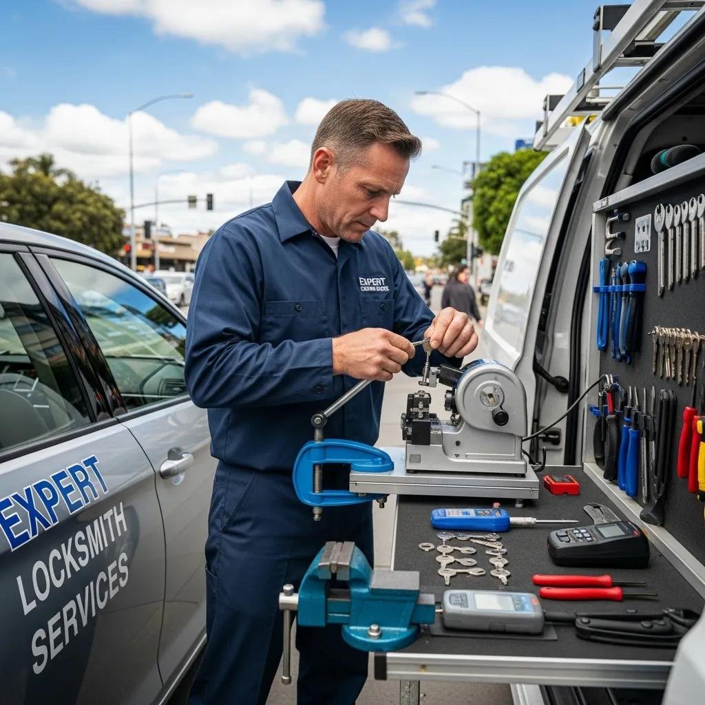 Professional locksmith working on car key replacement with tools in a mobile service van, emphasizing expertise in automotive locksmith services.