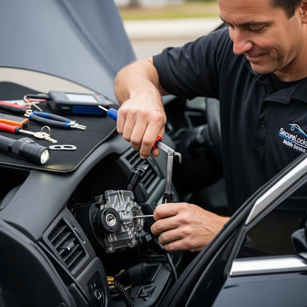 Professional locksmith servicing a car ignition system