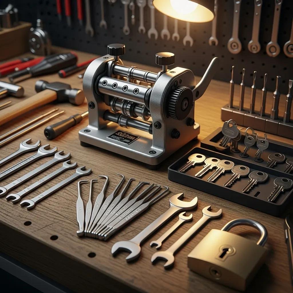 Professional locksmith tools including a key cutting machine, lock picks, wrenches, and a padlock, arranged on a workbench, illustrating emergency locksmith services for home lockouts in Lake Norman.
