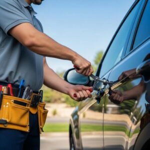 Professional locksmith unlocking a car door, emphasizing emergency services in Lake Norman