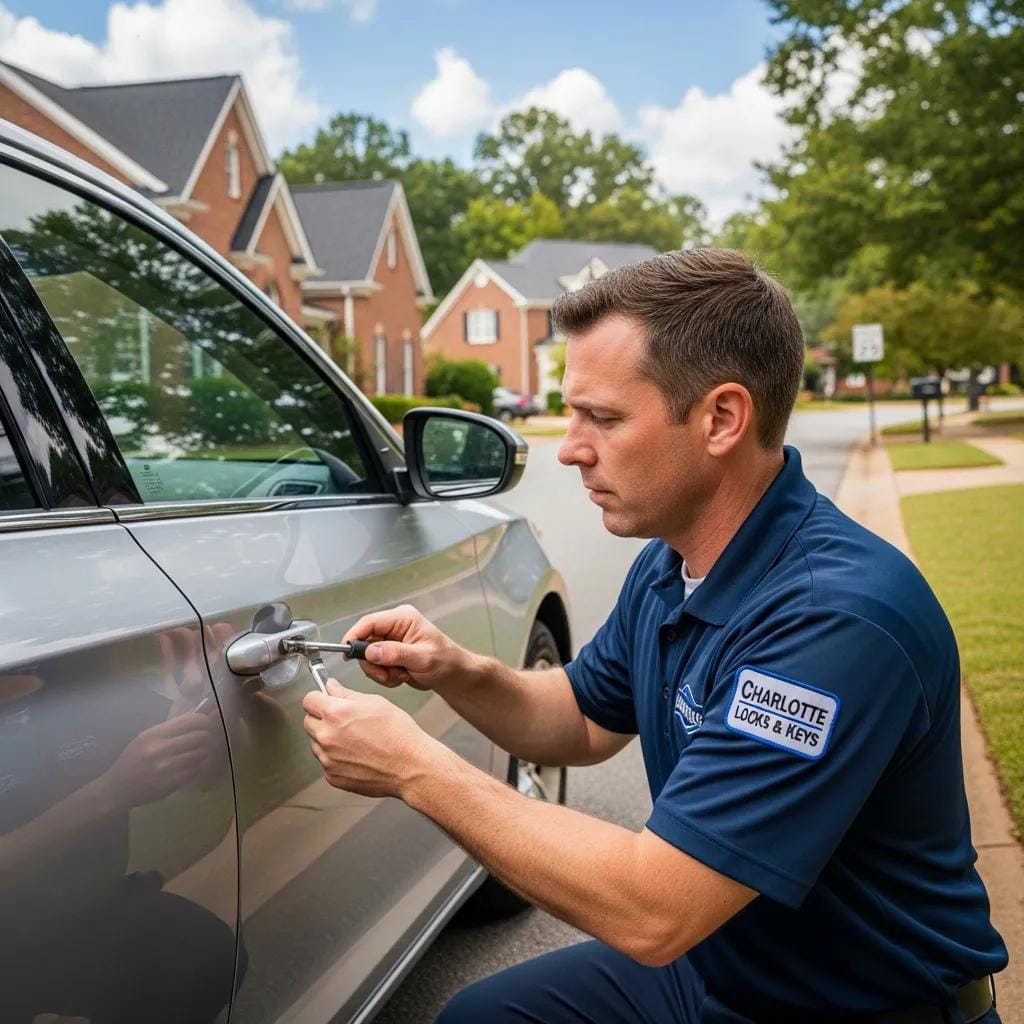 Professional locksmith unlocking a car door in Charlotte, NC