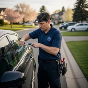 Professional locksmith unlocking a car door, showcasing emergency locksmith services