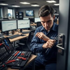 Professional locksmith unlocking a commercial door in an office setting