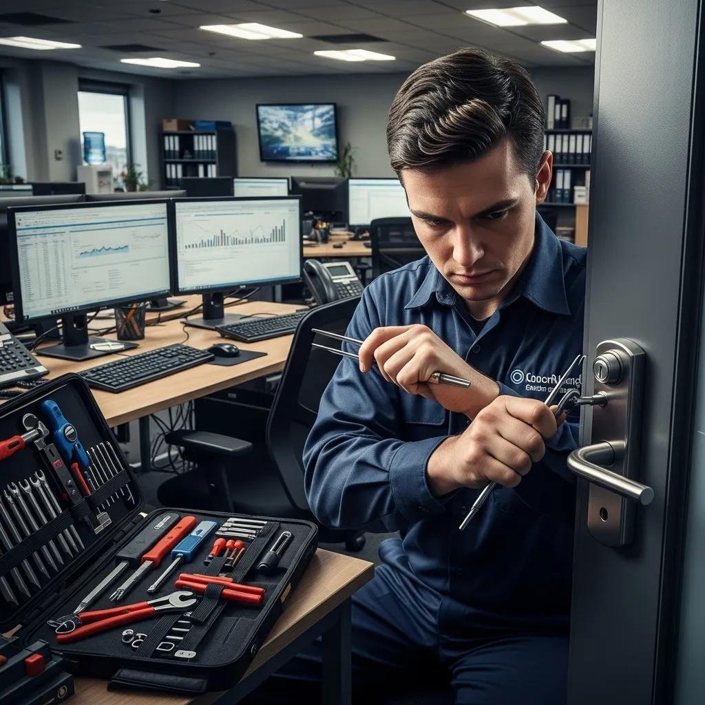 Professional locksmith unlocking a commercial door in an office setting