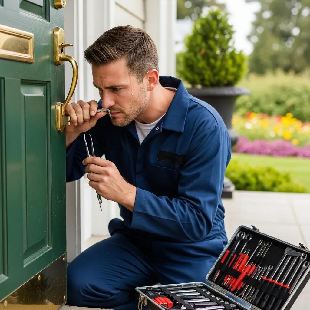 Professional locksmith unlocking a door in a residential area, showcasing emergency locksmith services