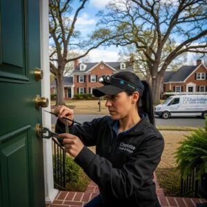 Professional locksmith unlocking a door in a residential neighborhood, emphasizing emergency locksmith services