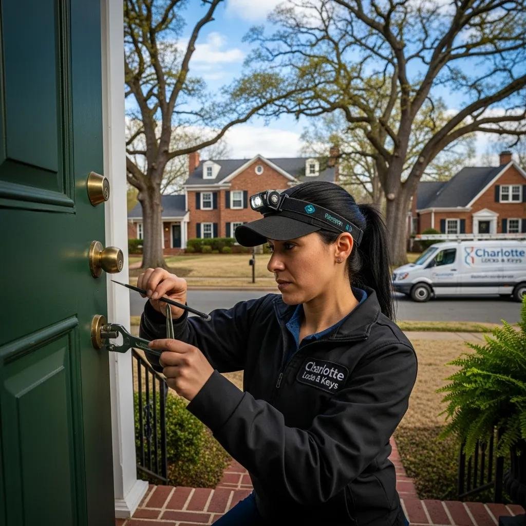 Professional locksmith unlocking a door in a residential neighborhood, emphasizing emergency locksmith services