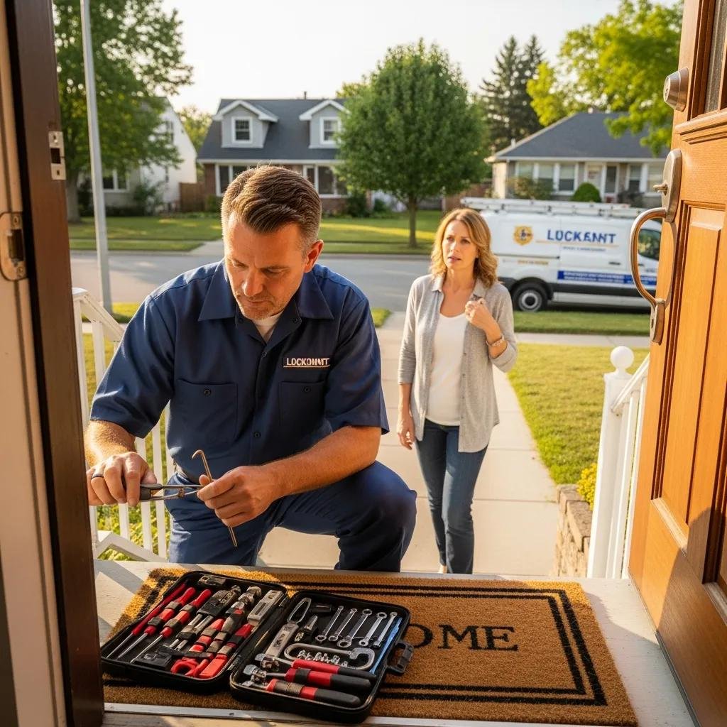Professional locksmith unlocking a door in a residential neighborhood, showcasing emergency locksmith services