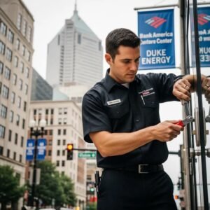 Professional locksmith unlocking a door in Uptown Charlotte, emphasizing emergency services and security solutions