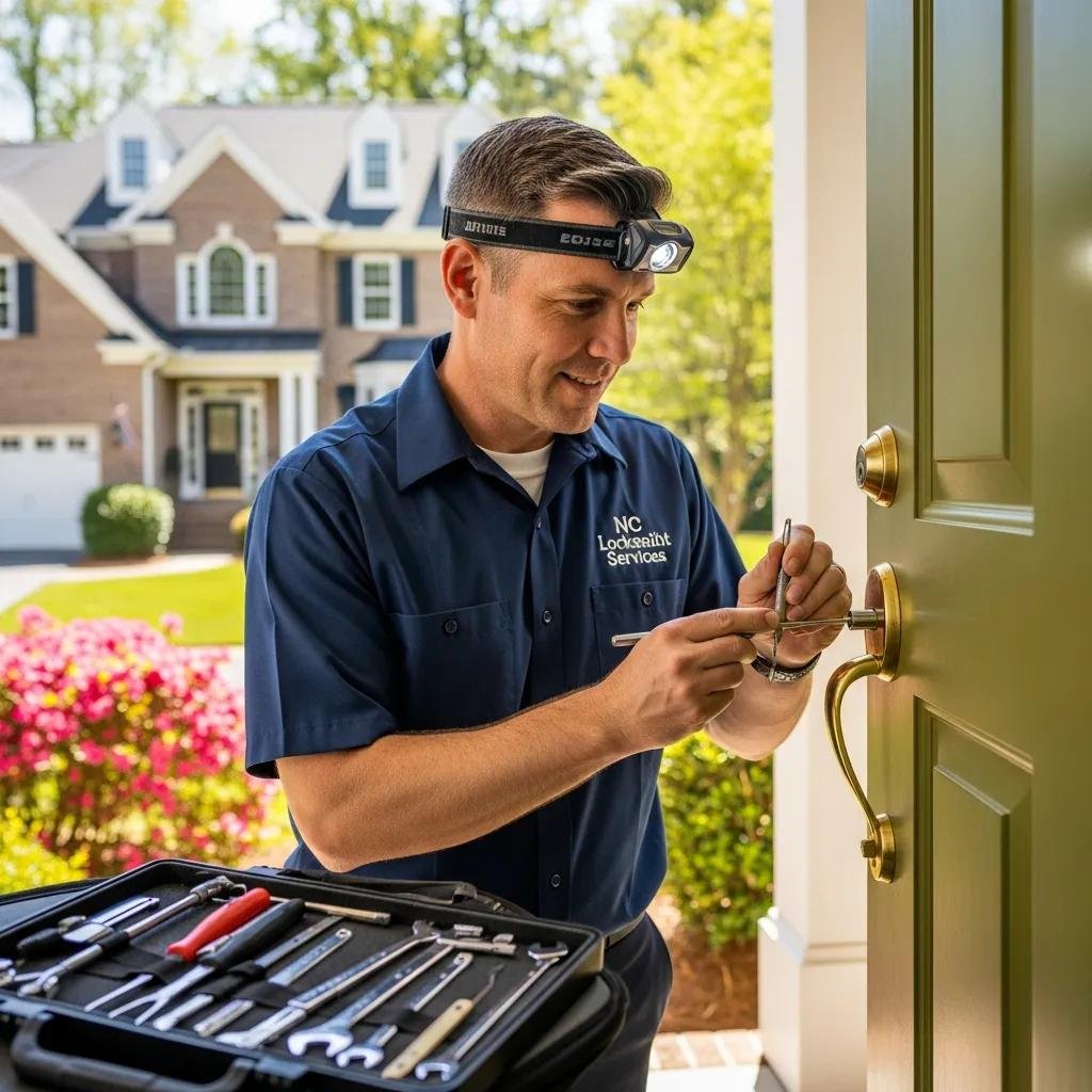 Professional locksmith working on a door lock in North Carolina, highlighting local services