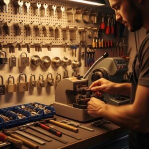 Professional locksmith working with keys and locks in a secure workshop