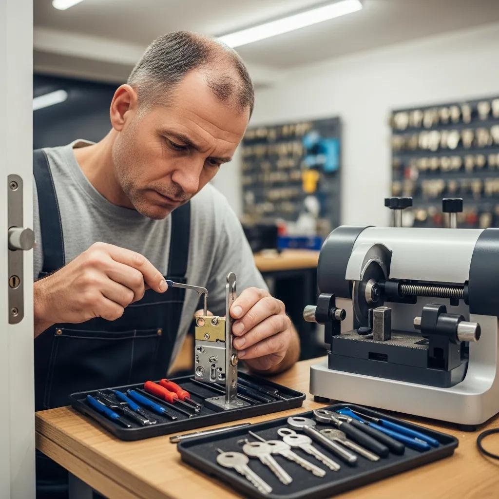 Professional locksmith working with tools in a workshop, emphasizing expertise in locksmith services