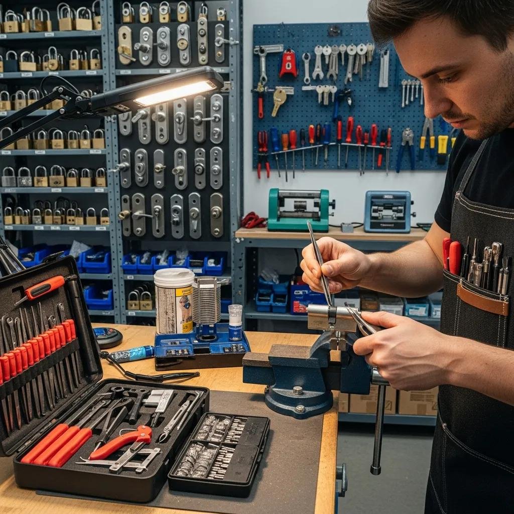 Professional locksmith working with tools in a workshop, emphasizing expertise in locksmith services
