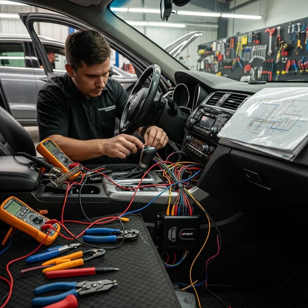 Professional technician installing an aftermarket car alarm system in a vehicle, showcasing the installation process