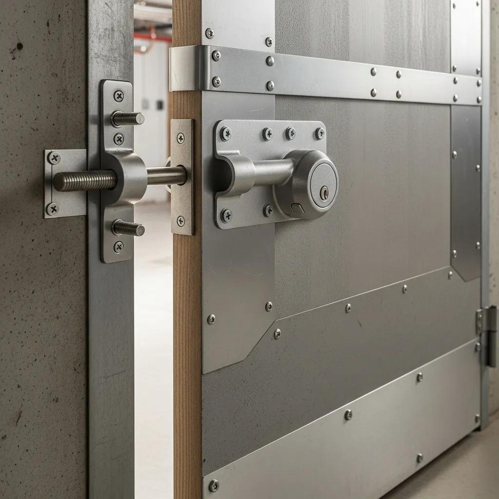 Reinforced basement door with heavy-duty deadbolt and security strike plate for improved security