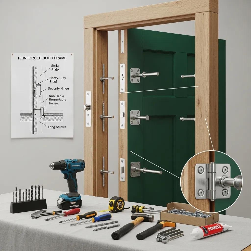 Reinforced door showcasing heavy-duty strike plates and security hinges for enhanced entry point security