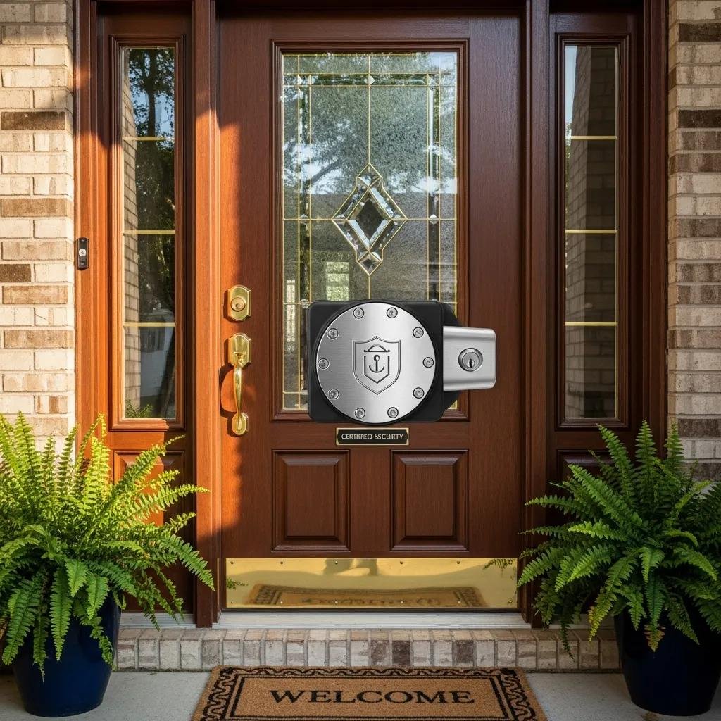 Residential front door featuring a certified lock for enhanced security