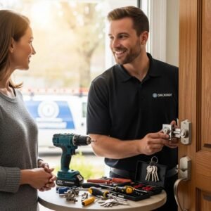 Residential locksmith assisting a homeowner with lock installation, emphasizing trust and security
