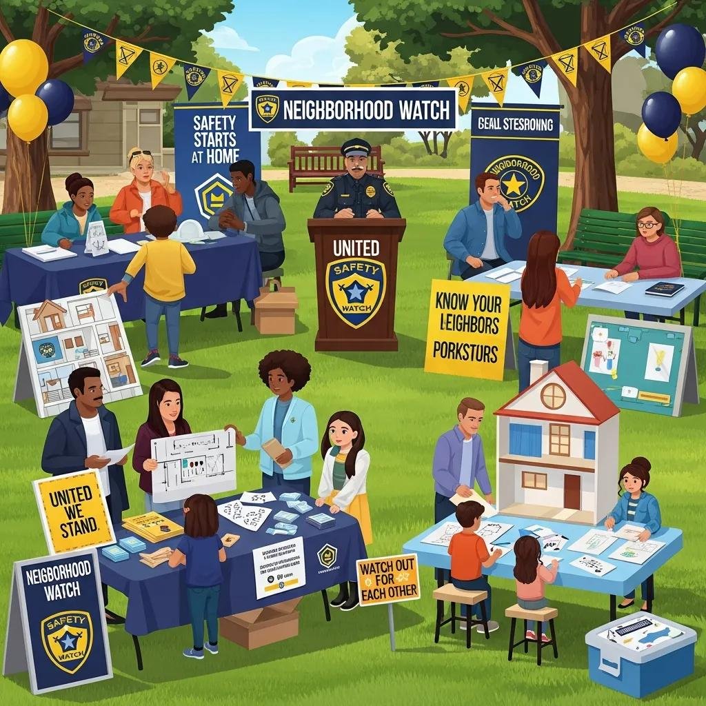 Residents engaging in a Neighborhood Watch community event, participating in a safety workshop and fostering neighborhood bonds