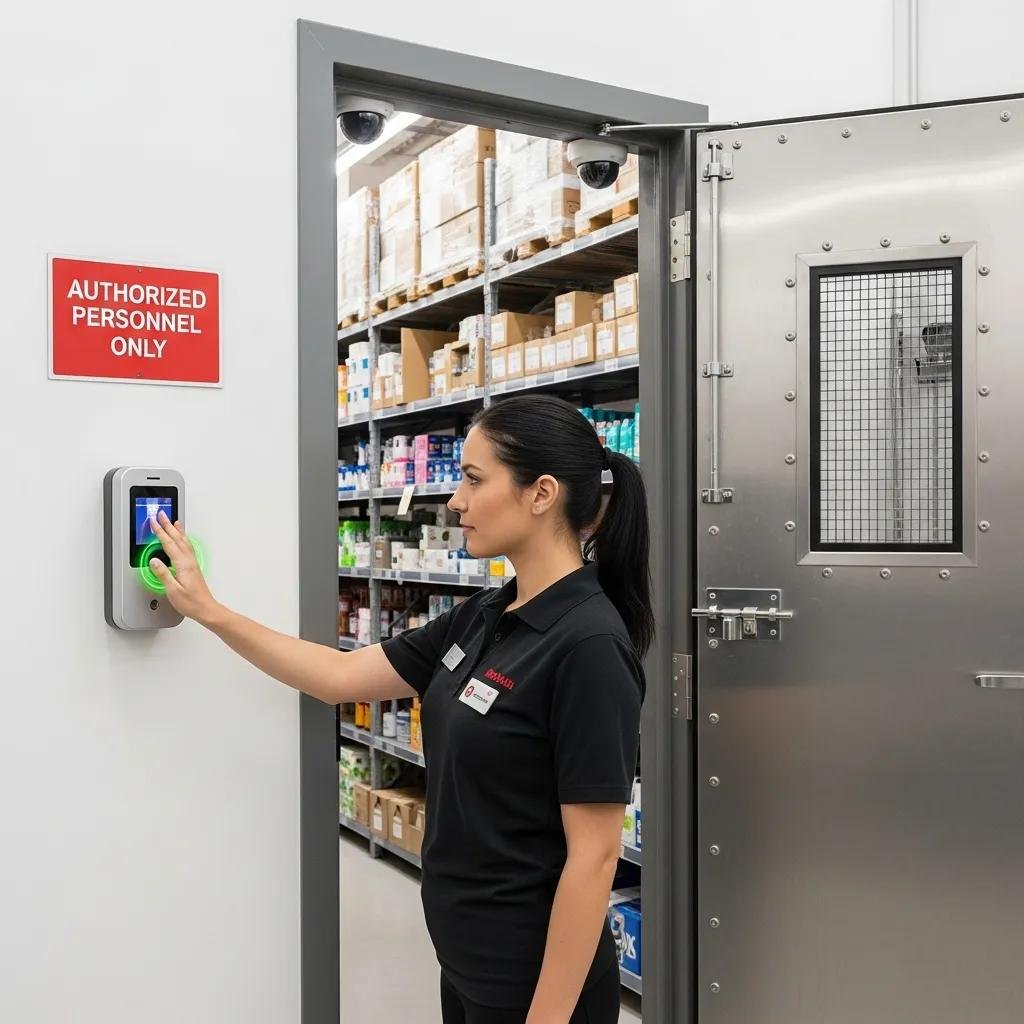 Retail employee using a biometric scanner for access control in a secure stockroom
