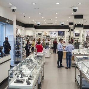Retail store showcasing security measures like surveillance cameras and high-security locks