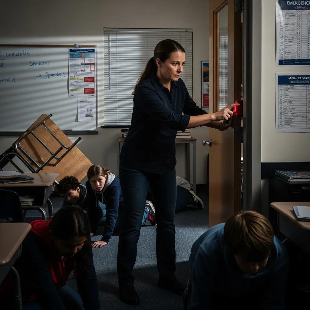 School staff member activating a panic button during an emergency lockdown drill