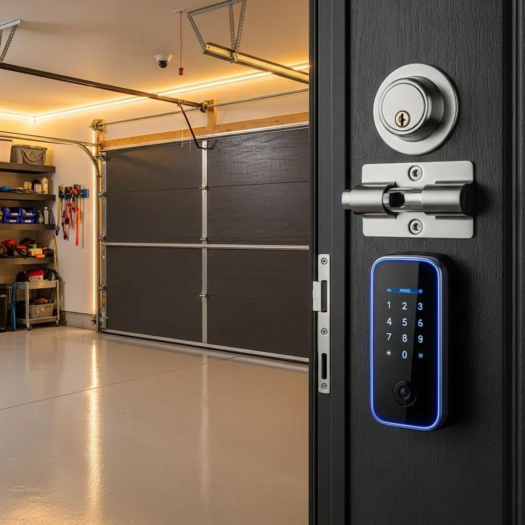 Secure garage door with high-security locks and reinforcement features