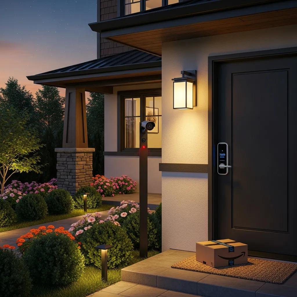 Secure home entrance with smart lock and outdoor lighting