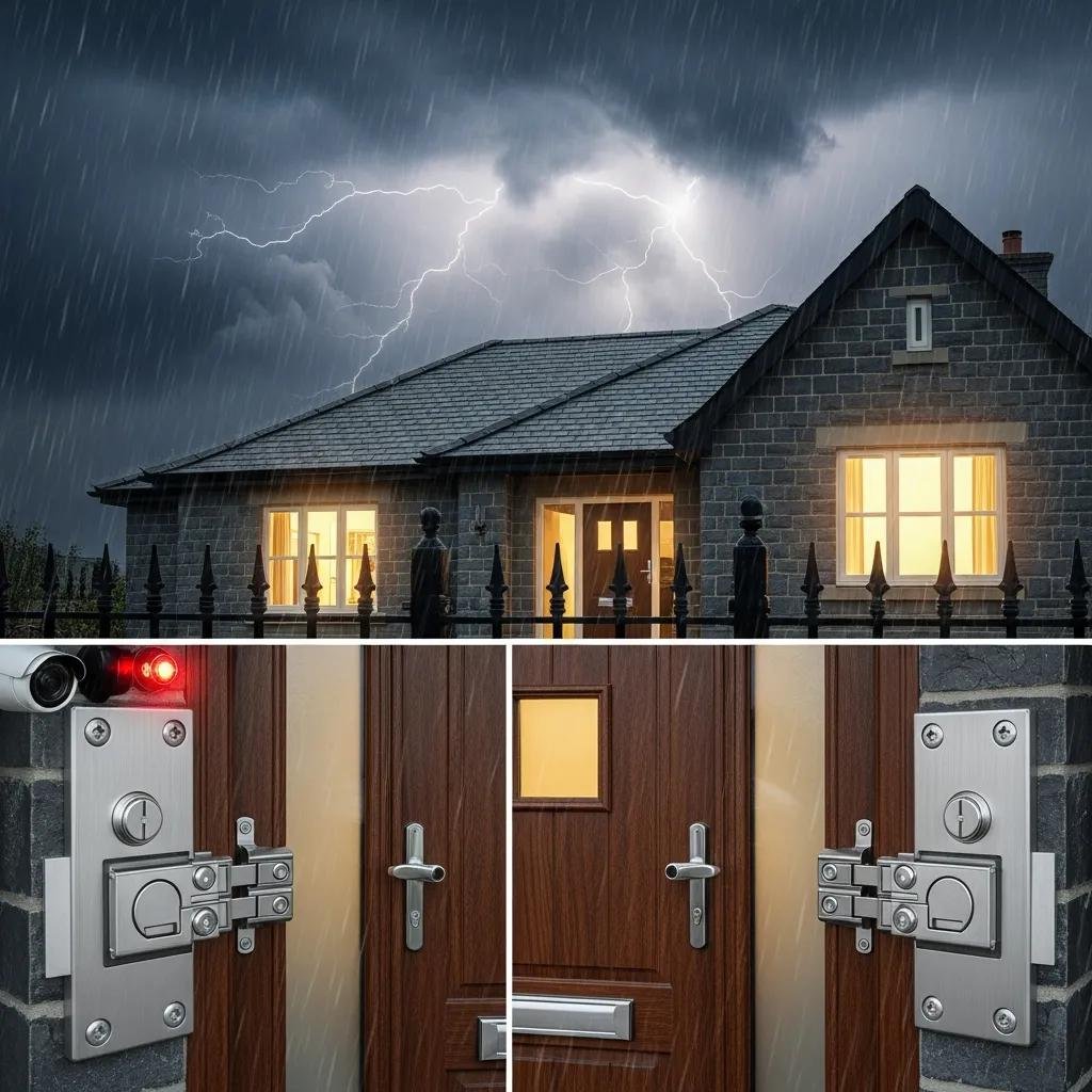 Secure home with high-security locks in a stormy environment, emphasizing natural disaster preparedness