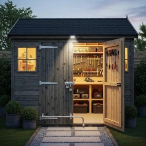 Secure shed with high-security locks and reinforced doors, emphasizing safety and protection