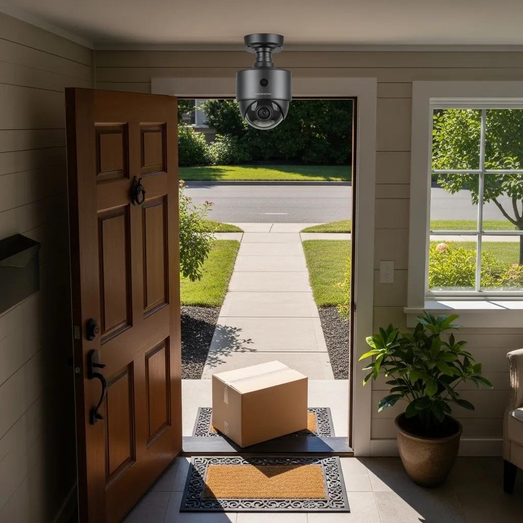 Security camera monitoring package delivery on a porch to prevent theft