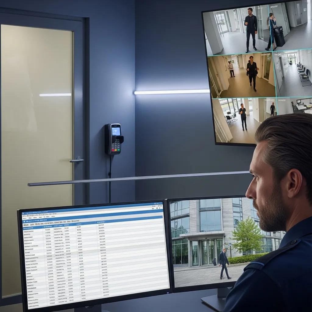 Security professional monitoring card access control systems and surveillance footage in a commercial environment, featuring a card reader and access logs displayed on a computer screen.