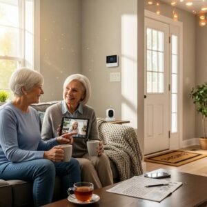 Senior couple enjoying a secure home environment with visible high-security locks and smart technology