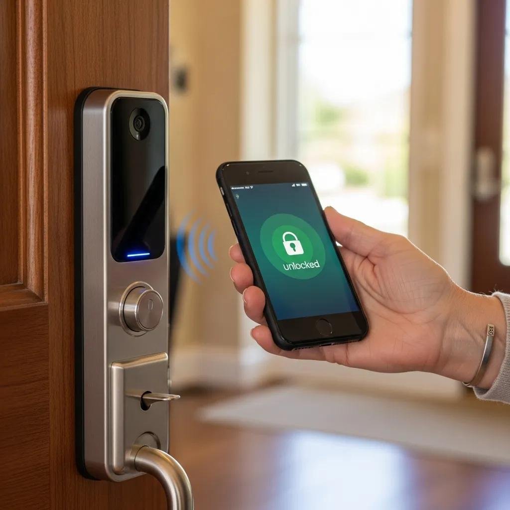 Senior using smartphone to operate smart lock, showcasing modern security solutions for elderly residents.