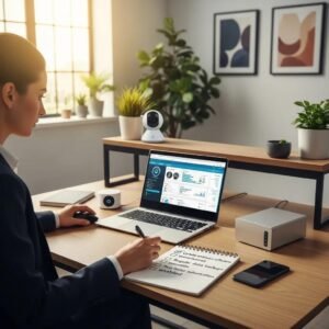 Small business owner reviewing a security checklist in a modern office setting