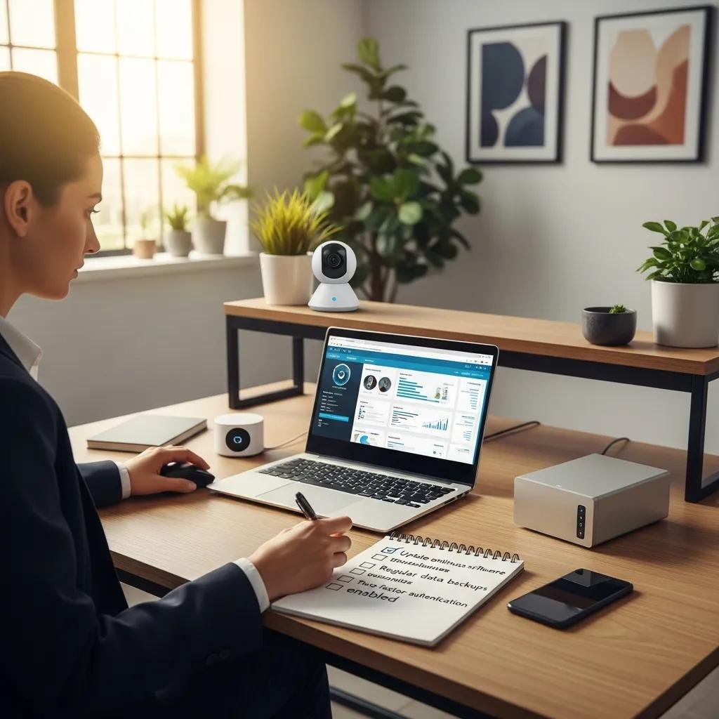 Small business owner reviewing a security checklist in a modern office setting