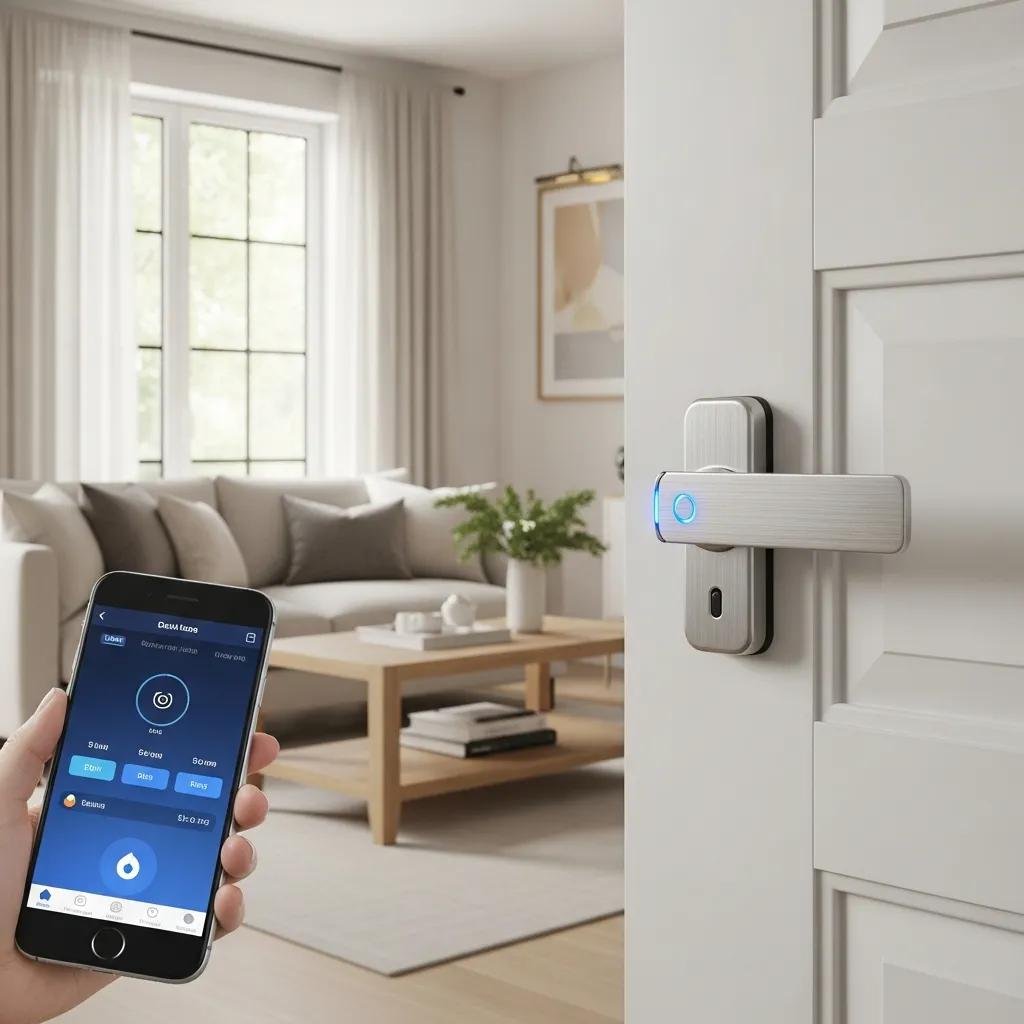 Smart child safety lock on a door with a smartphone app, illustrating modern home safety