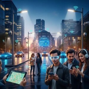 Smart city technology with illuminated streetlights and surveillance cameras enhancing urban safety