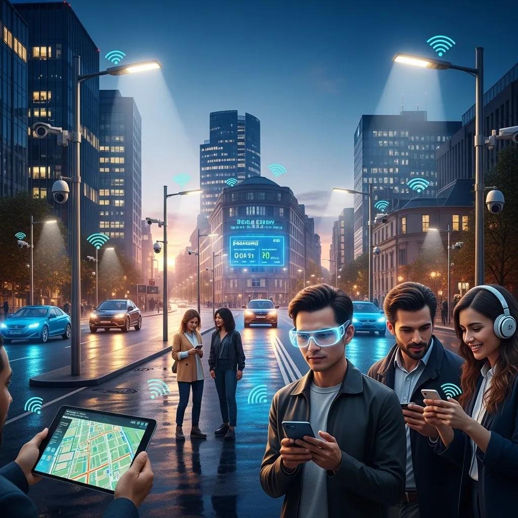 Smart city technology with illuminated streetlights and surveillance cameras enhancing urban safety