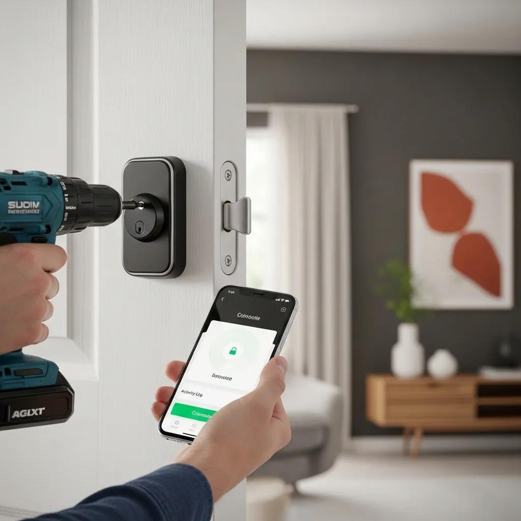 Smart deadbolt installation with smartphone app interface visible