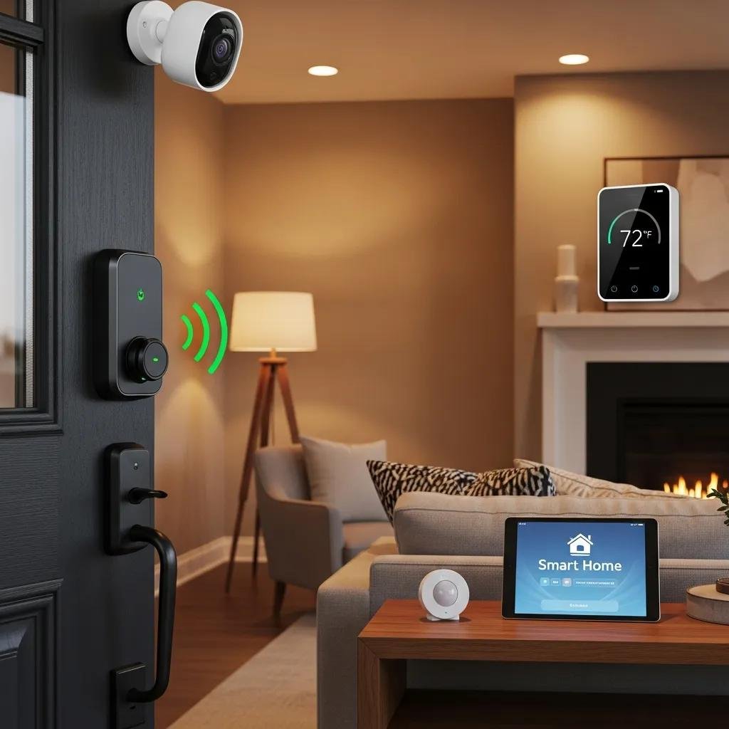 Smart home devices including locks and cameras in a cozy living room, emphasizing IoT security