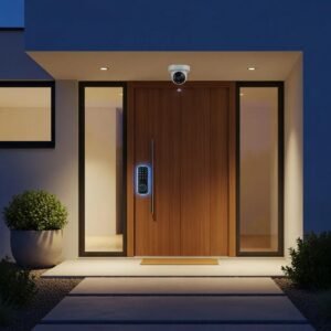 Smart lock and security camera at a home entrance, highlighting modern home automation
