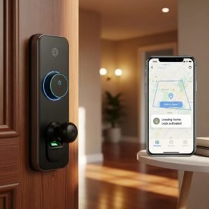 Smart lock and smartphone illustrating geofencing technology for home security