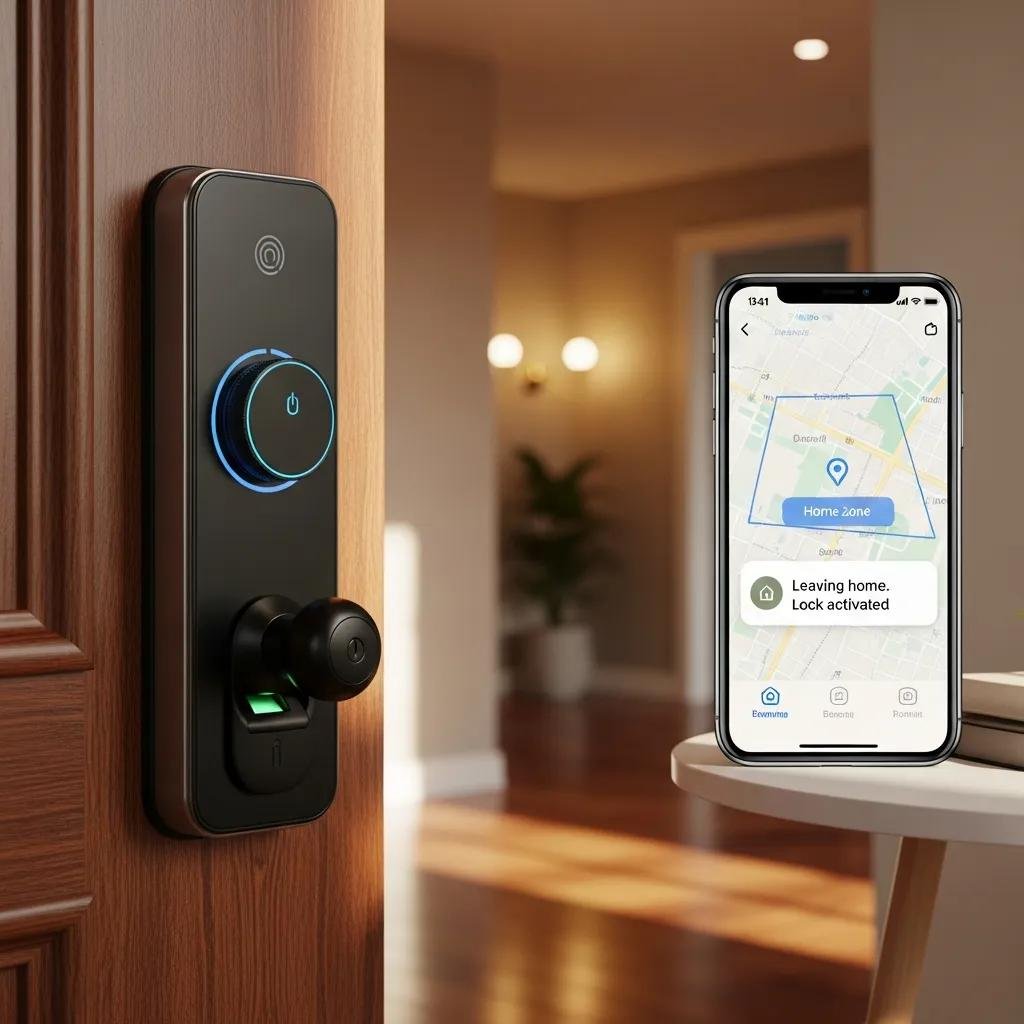 Smart lock and smartphone illustrating geofencing technology for home security