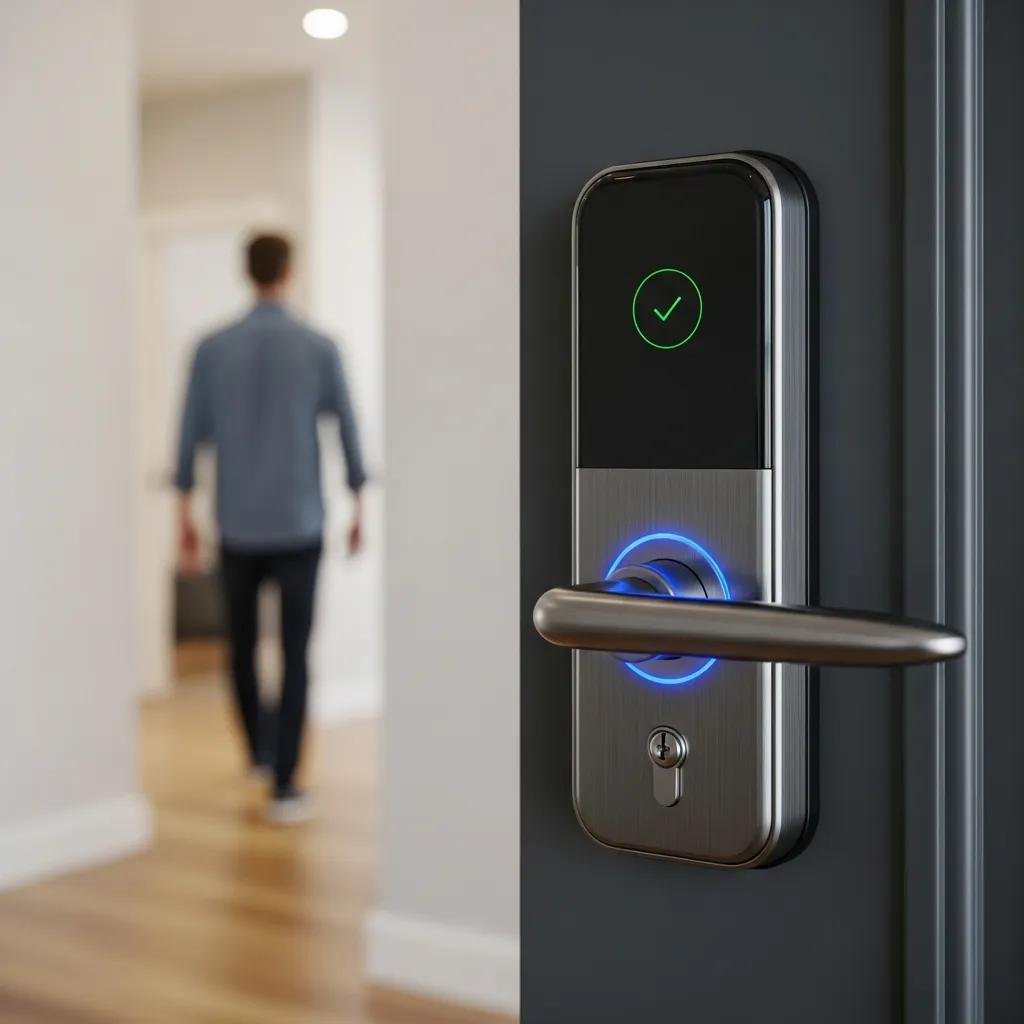 Smart lock auto-locking on a door, enhancing security for homes and businesses