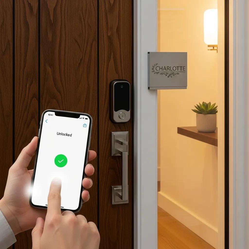 Smart lock installation at a modern home entrance, emphasizing security and convenience for residents