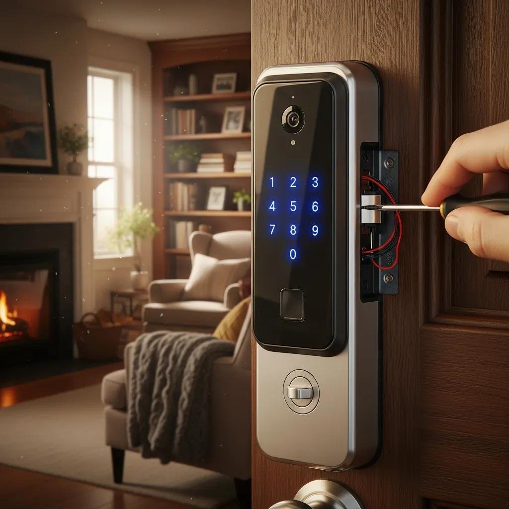 Smart lock installation on a front door, enhancing home security solutions
