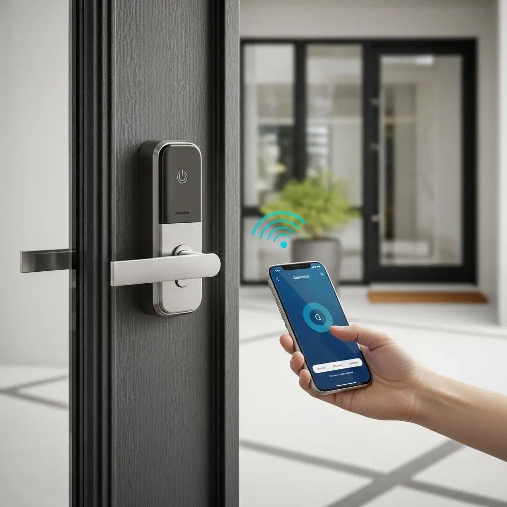 Smart lock installation on a front door, showcasing advanced technology and convenience