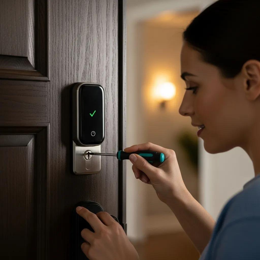 Smart lock installation on a front door, showcasing residential security solutions